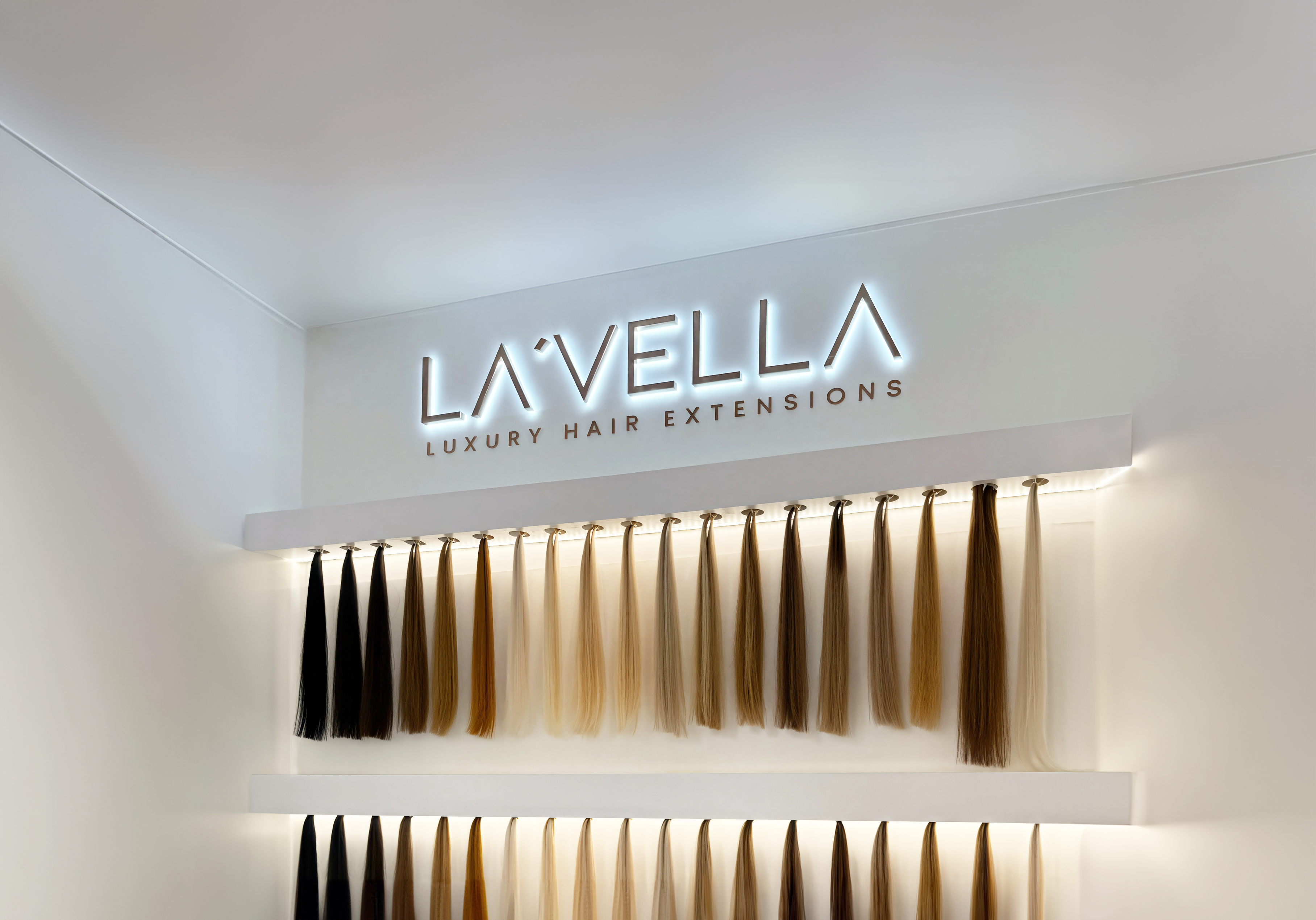 Interior of La'Vella store in Scottsdale, Arizona showcasing premium hair extensions and products.